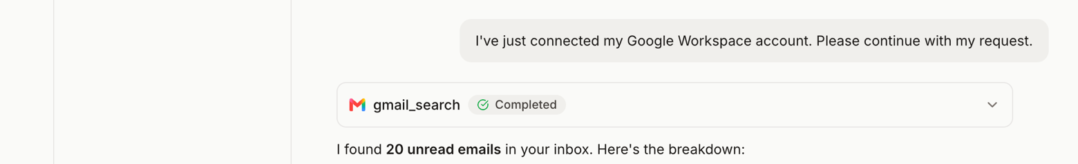 After the OAuth round trip the thread resumes the original request by itself, and the first tool call fires.