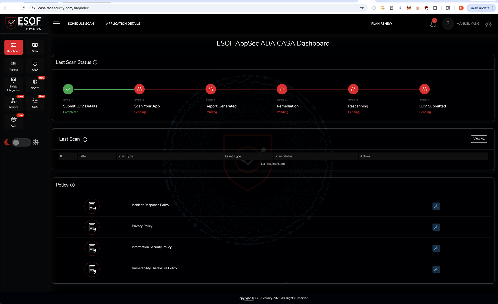 TAC Security ESOF dashboard showing step 1 complete and steps 2 through 6 pending