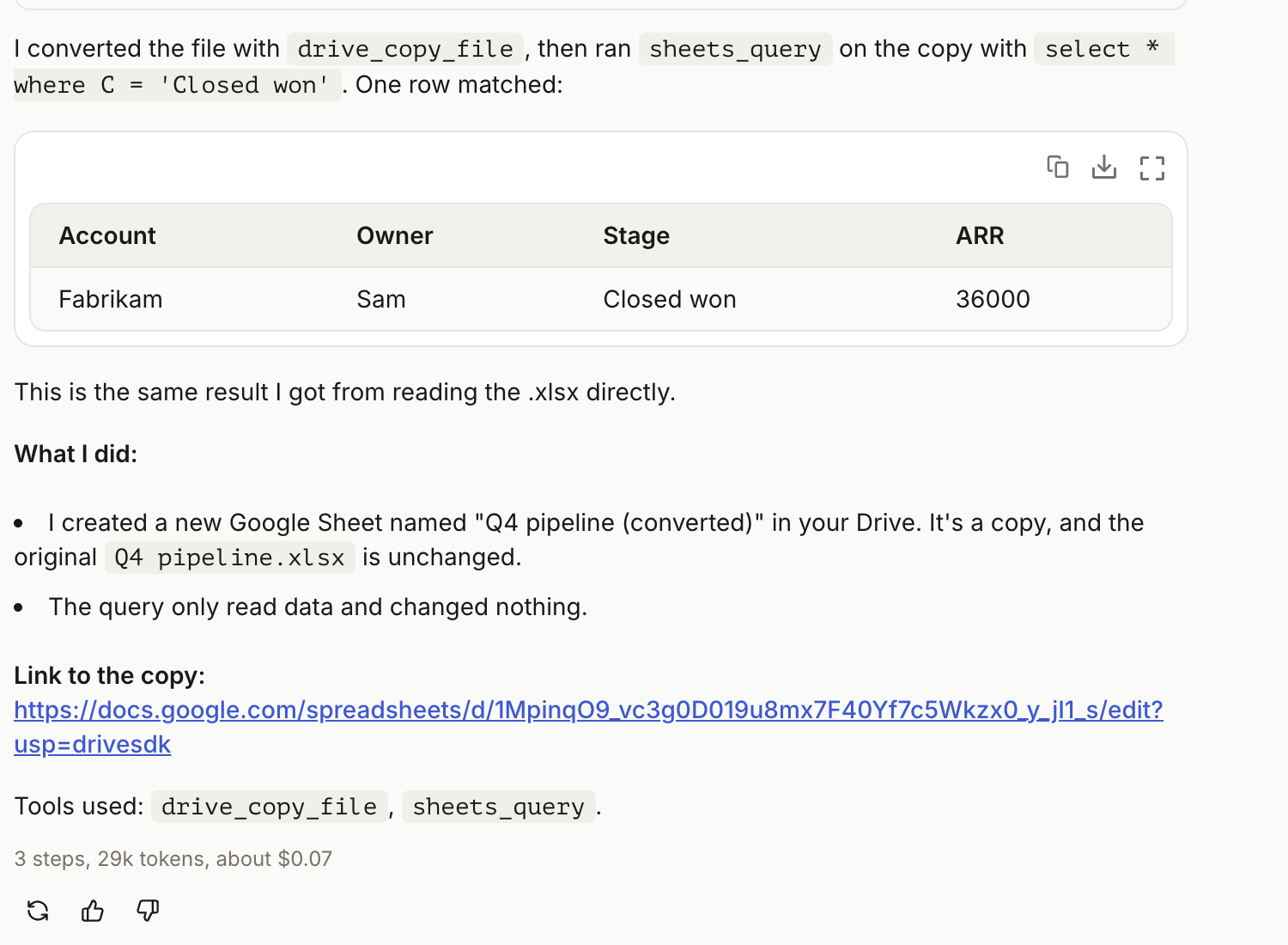 drive_copy_file with convert produces a Google Sheet and sheets_query runs on it