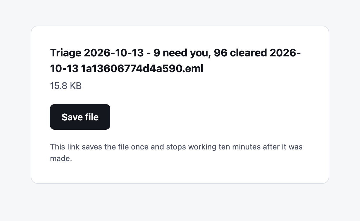 The download page: the file's name, its size, a Save file button, and a line saying the link works once and stops after ten minutes