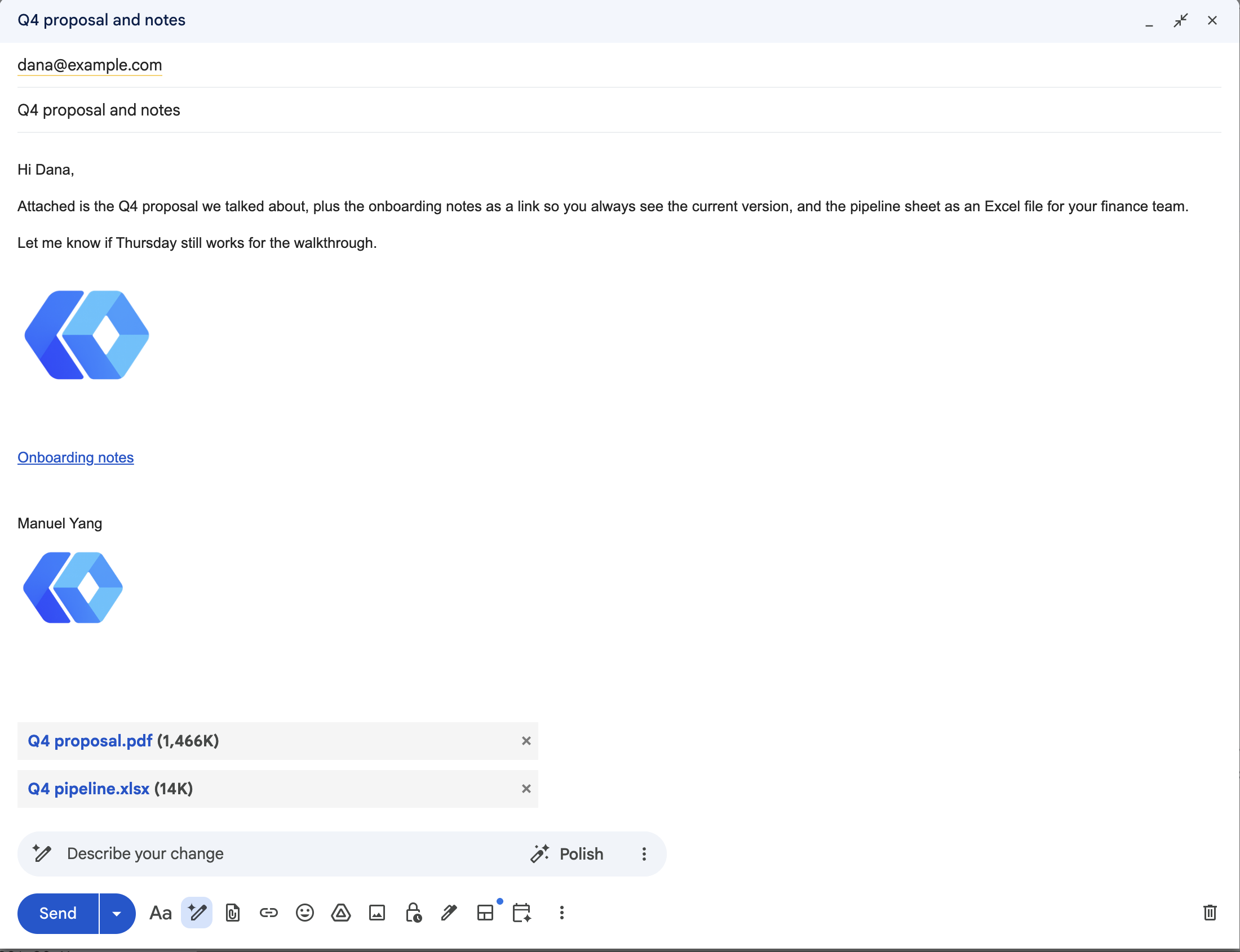 A Gmail draft written by the connector: a PDF and an xlsx export attached, a Google Doc linked in the body, the logo inline