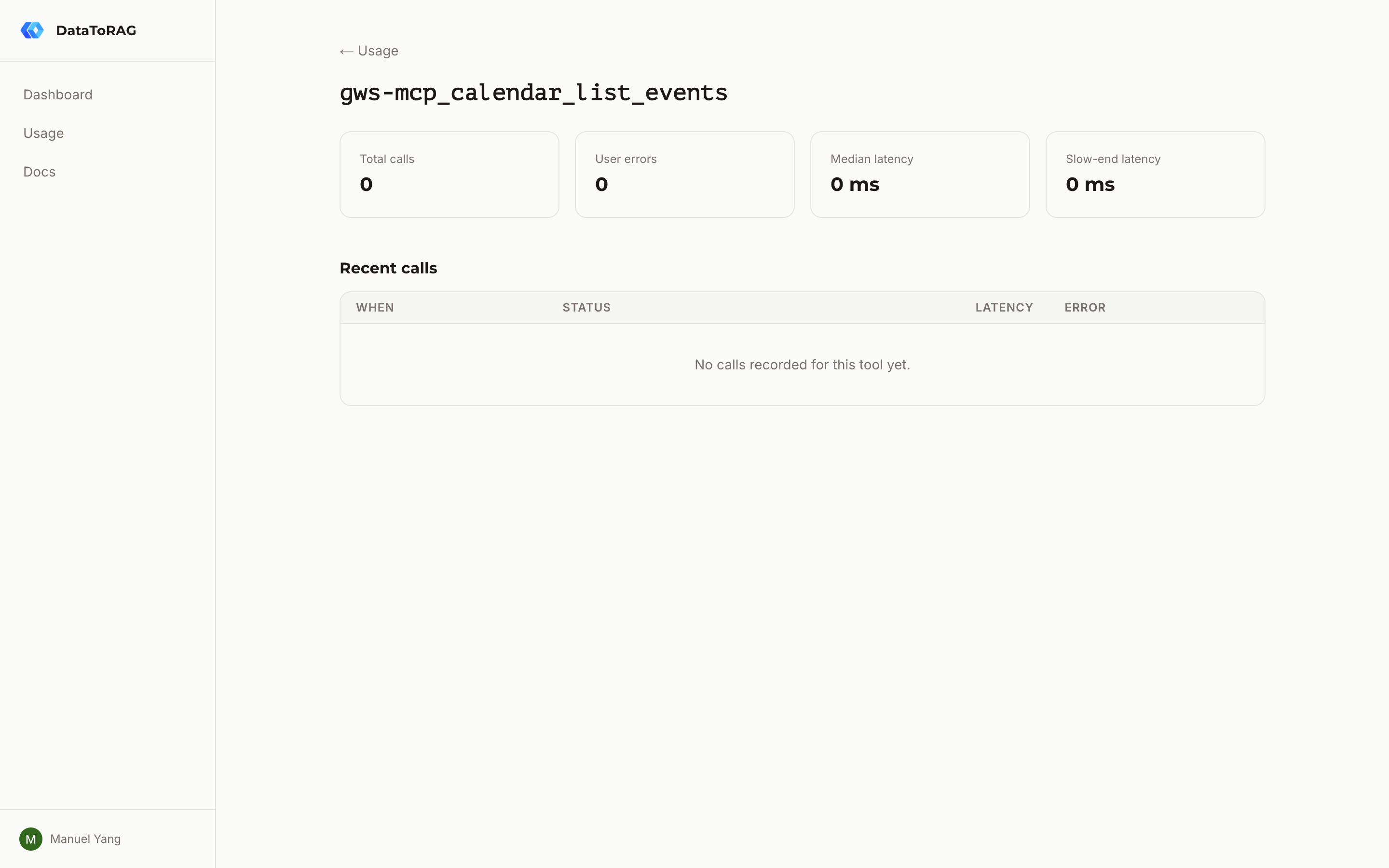 Per-tool drill-down: aggregates plus the last 50 calls with status and latency