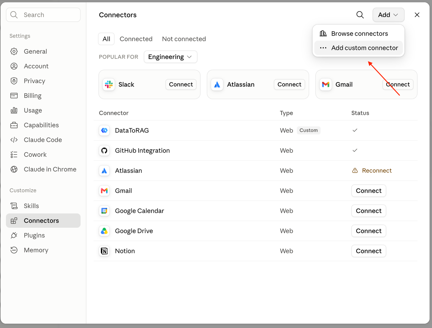 Claude web Settings → Connectors screen with the Add menu open and "Add custom connector" highlighted