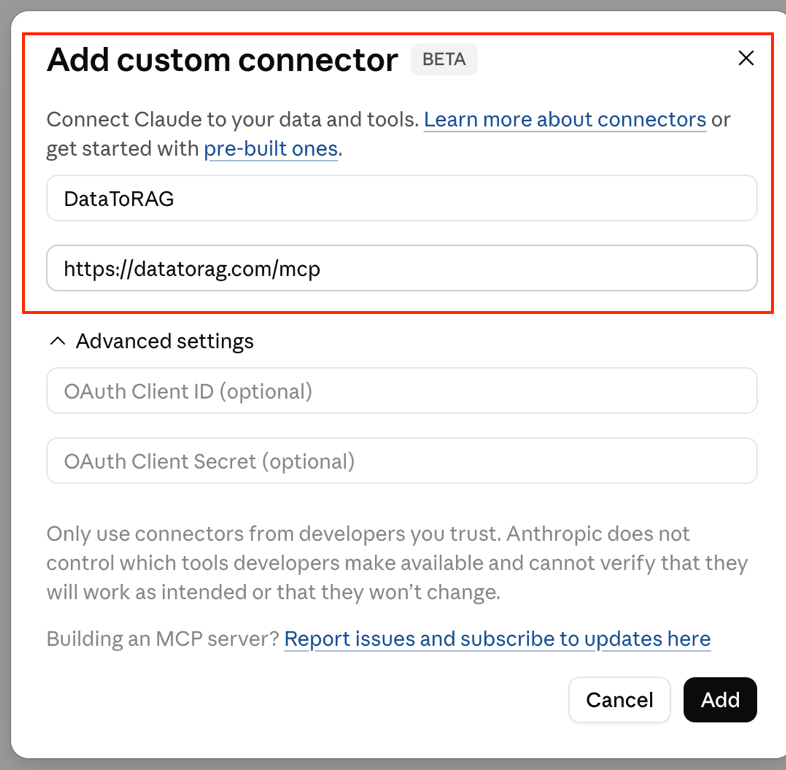 Add custom connector dialog with the name DataToRAG and the URL https://datatorag.com/mcp filled in, advanced OAuth fields left empty