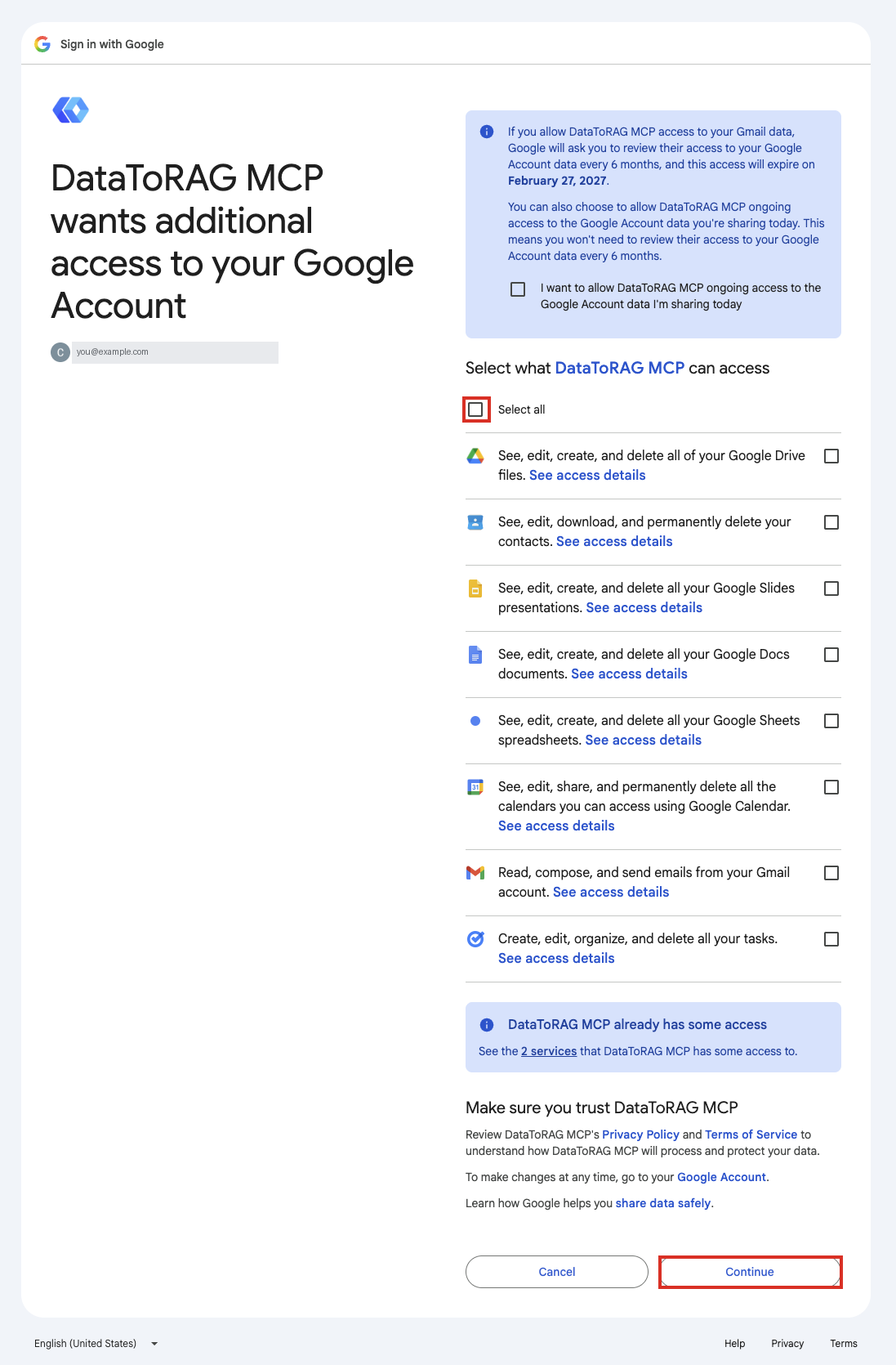 Google's consent screen for DataToRAG MCP. Every permission checkbox is unchecked by default, including Select all at the top, and the Continue button is still clickable. Select all and Continue are both circled.
