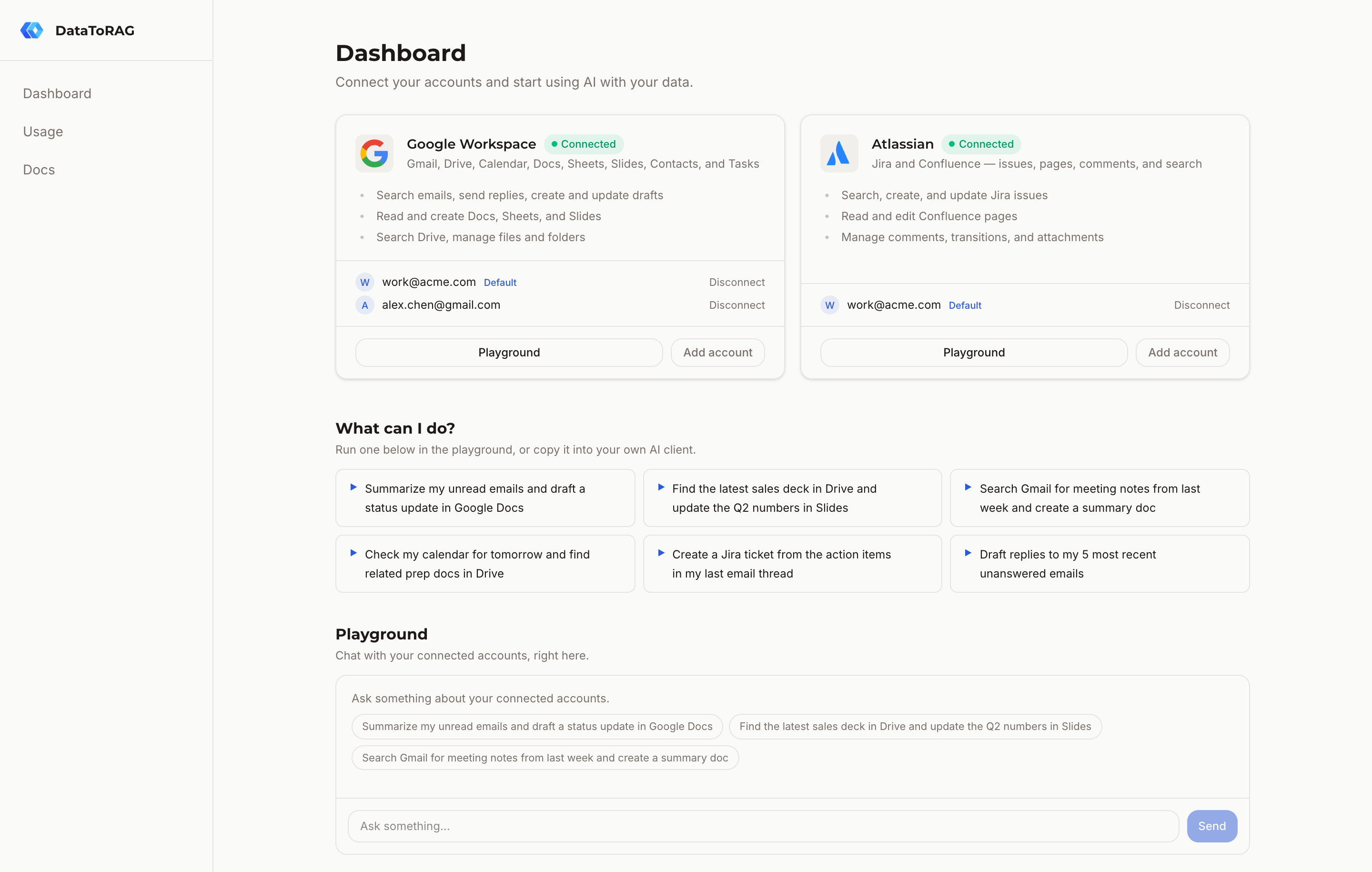 DataToRAG dashboard with Google Workspace and Atlassian connected, example prompts, and the built-in playground