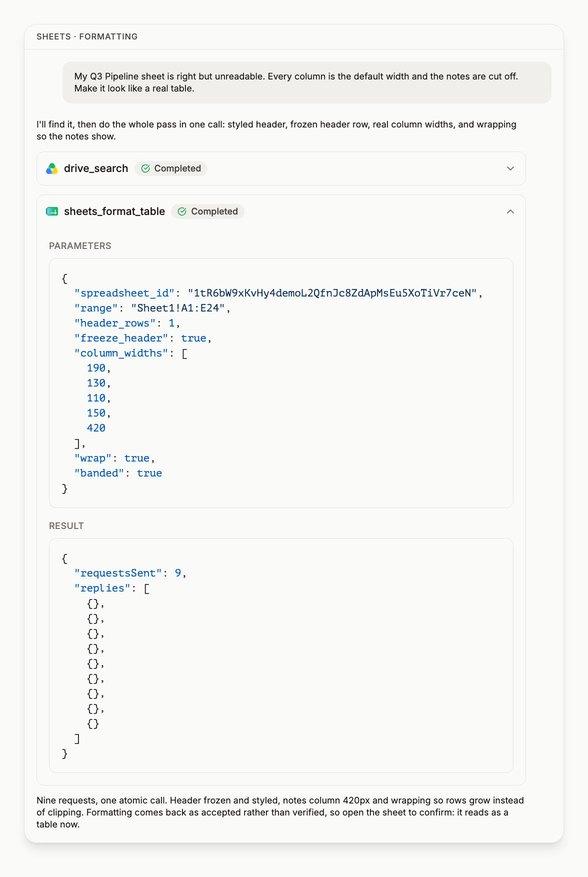 A sheets_format_table call with its range, header_rows, freeze_header, column_widths, wrap and banded arguments, and the nine requests it sent